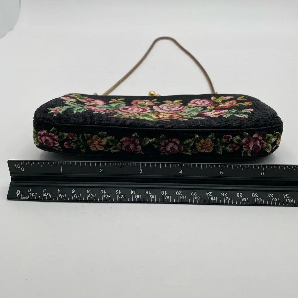 Floral Needlepoint Evening Clutch in Black with Pink Roses Vintage
